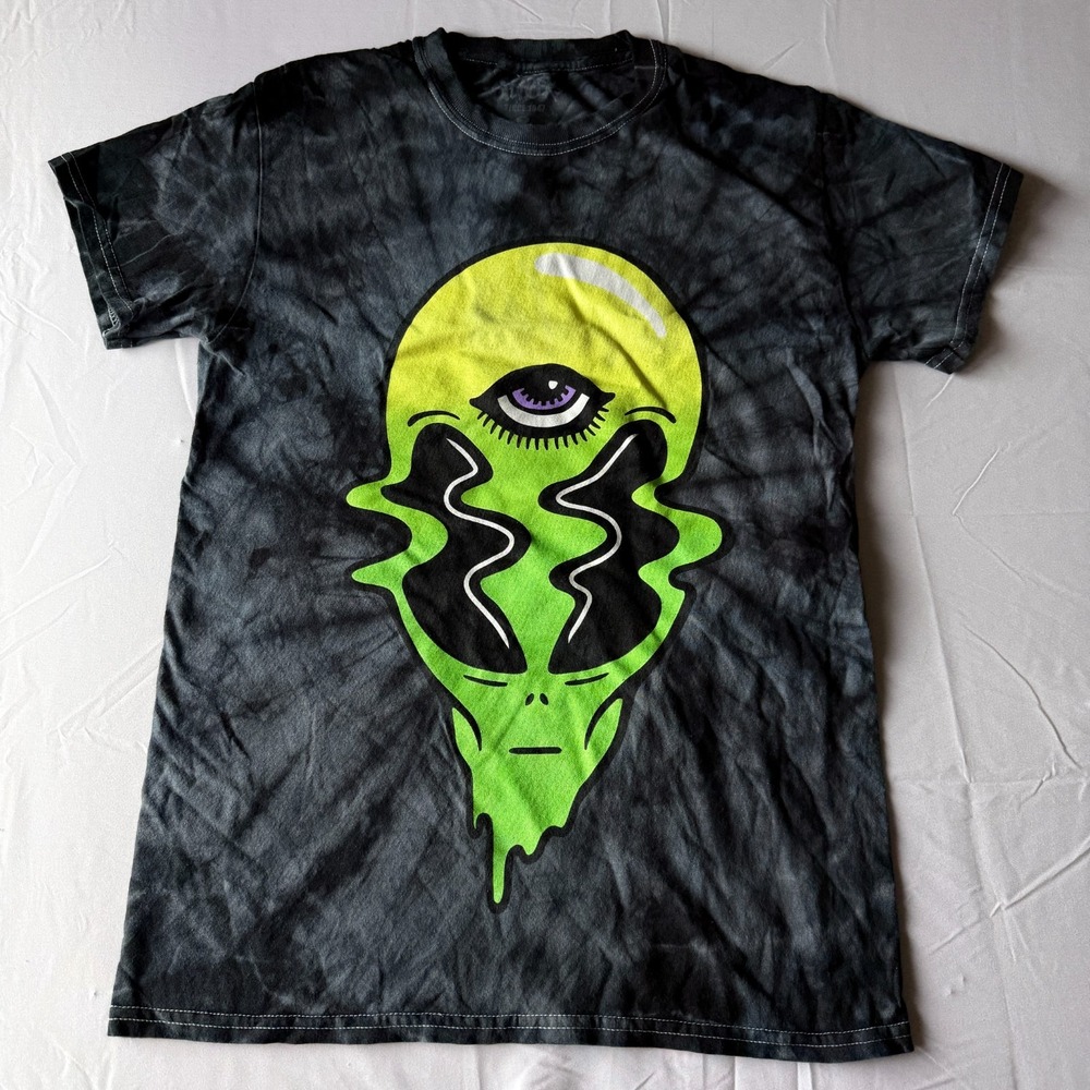 Spencer's Alien T-Shirt Mens S Black Gray Tie Dye Graphic Tee Green UFO Cotton